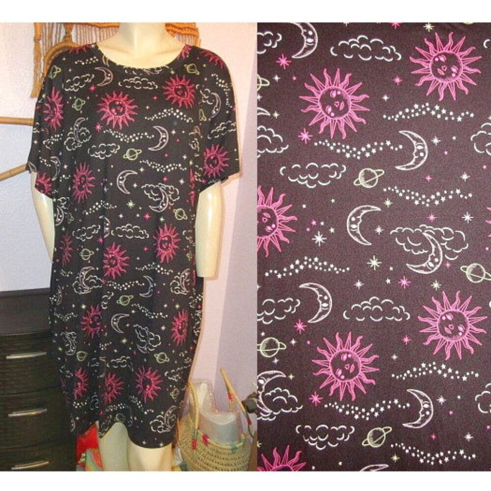Celestial Sun & Moon Nightgown Size XL Pockets Sleep House Dress Cosmos Lunar